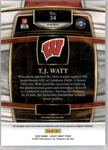 T.J. Watt 2022 Panini Select Draft Picks Red Lazer Prizm original gloss football card