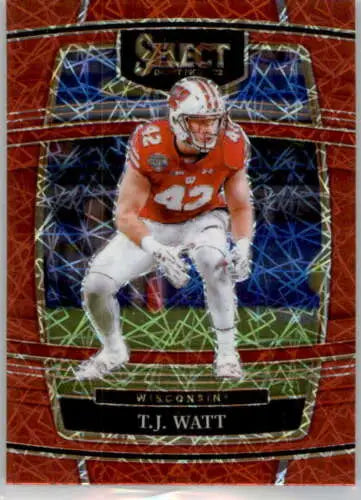 T.J. Watt football card from 2022 Panini Select Draft Picks Red Lazer Prizm NM condition