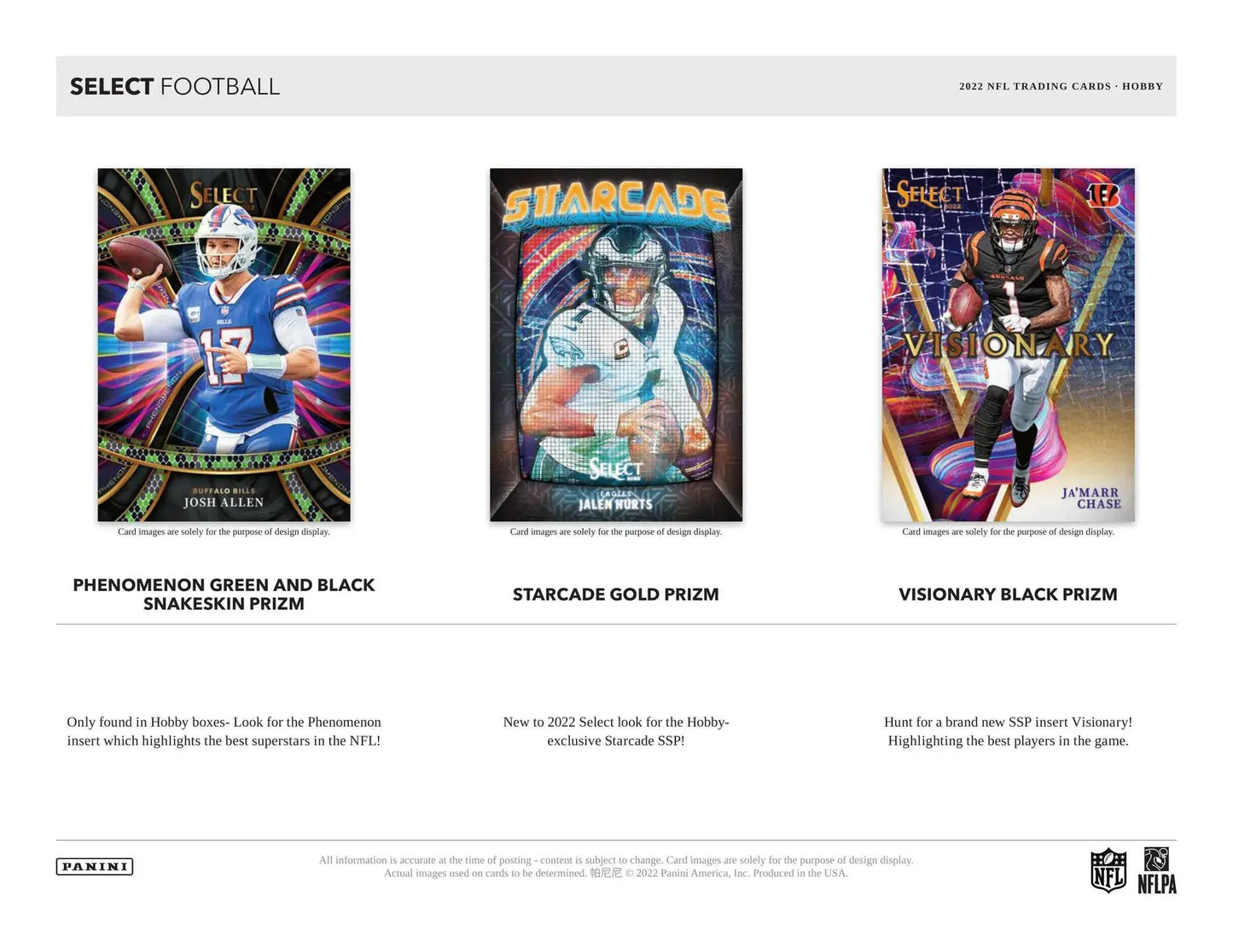 Product catalog page featuring 2022 Panini Select Football cards with prizm max effects