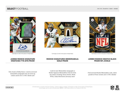 Three Football Trading Cards with autographs and NFL memorabilia from 2022 Panini Select