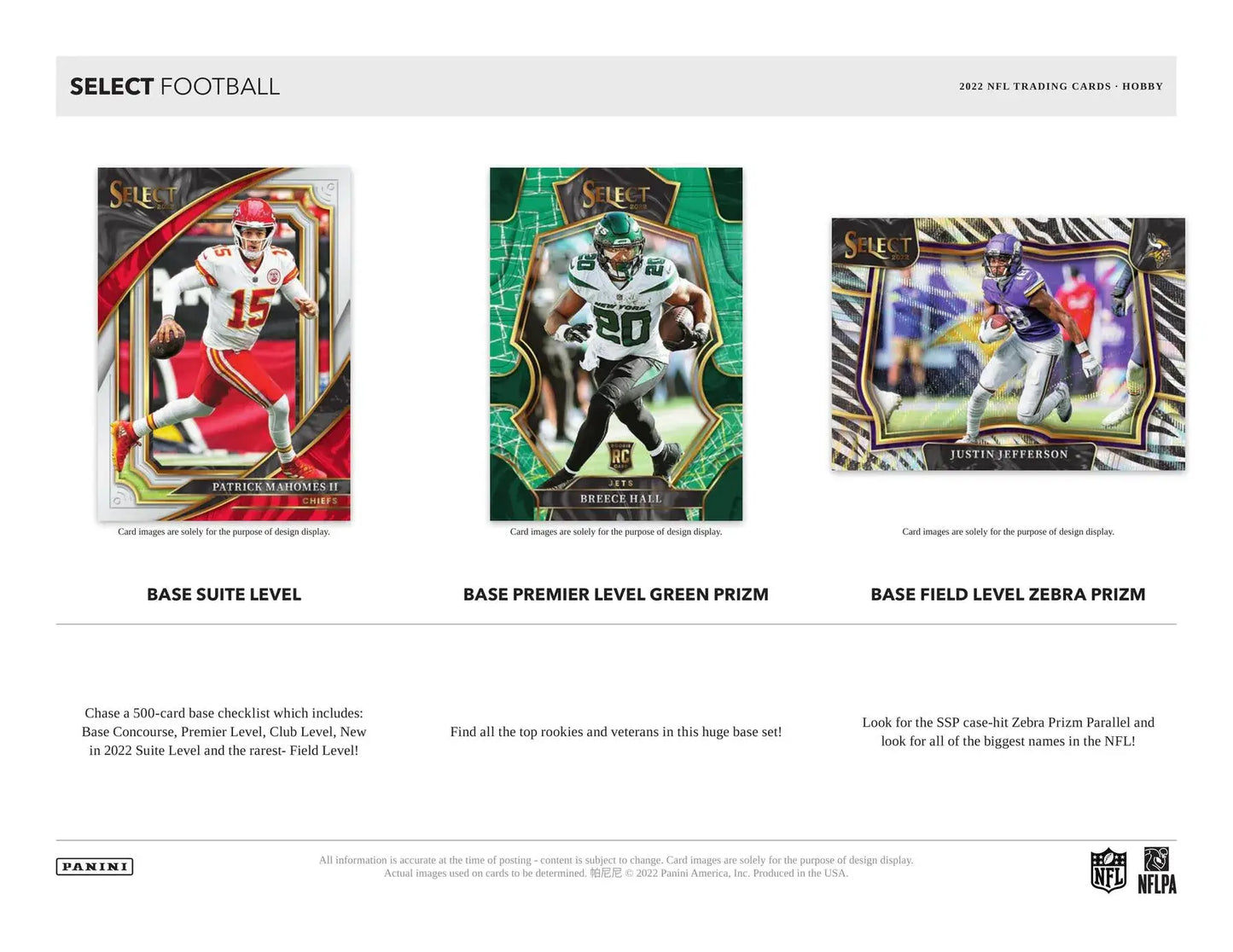 Three NFL trading cards from 2022 Panini Select featuring Jumbo Rookie players