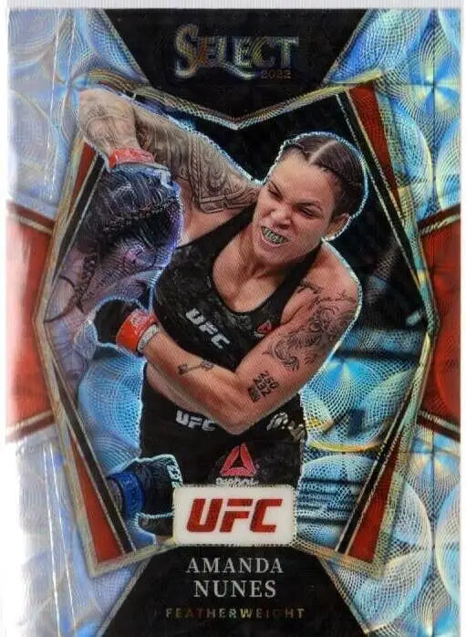 Shiny holographic UFC trading card of Premier Level Amanda Nunes Silver Scope Prizm