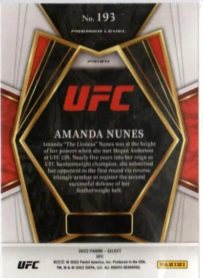 UFC trading card showcasing Premier Level Amanda Nunes Silver with black and red design