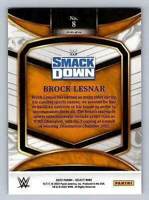 Brock Lesnar wrestling card from 2022 Panini Select WWE #8 Championship Flash Prizm