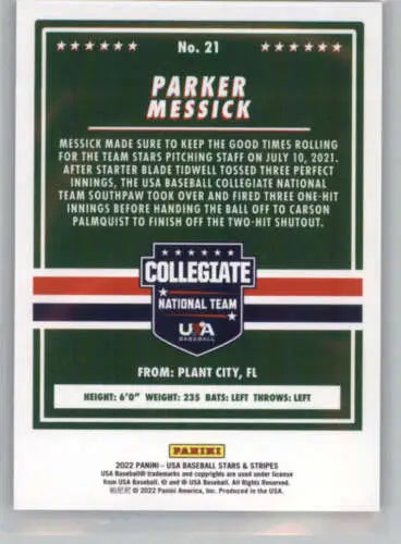 Parker Messick baseball card from 2022 Panini Stars and Stripes Longevity Retail series