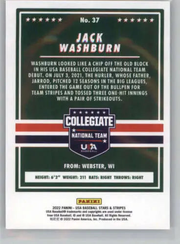 Baseball card back of 2022 Panini Stars and Stripes Longevity Retail #37 Jack Washburn