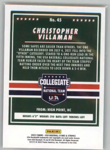 Baseball card back of 2022 Panini Stars and Stripes Longevity Retail #45 Christopher Villaman