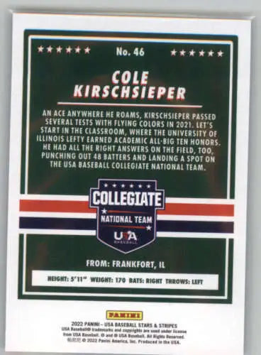 Back of 2022 Panini Stars and Stripes Longevity Retail #46 Cole Kirschsieper baseball card