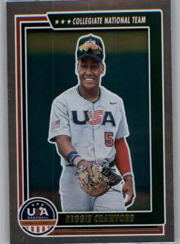 Baseball card of Reggie Crawford in USA jersey from Panini Stars and Stripes Longevity Retail