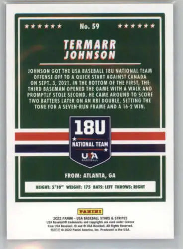 Termarr Johnson baseball card from 2022 Panini Stars and Stripes Longevity Retail series