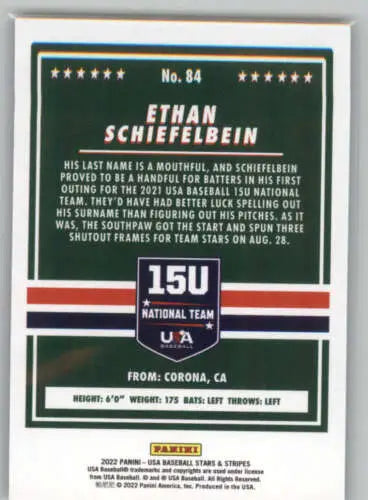 Baseball card back of 2022 Panini Stars and Stripes Longevity Retail #84 Ethan Schiefelbein