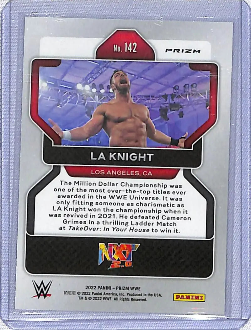 2022 Panini WWE Prizm Red White Blue #142 LA Knight trading card with holographic finish