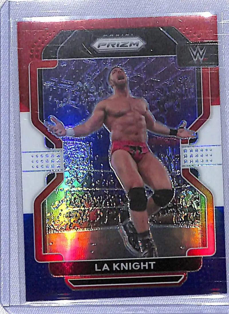 Holographic WWE Prizm card of LA Knight in red white blue wrestling pose