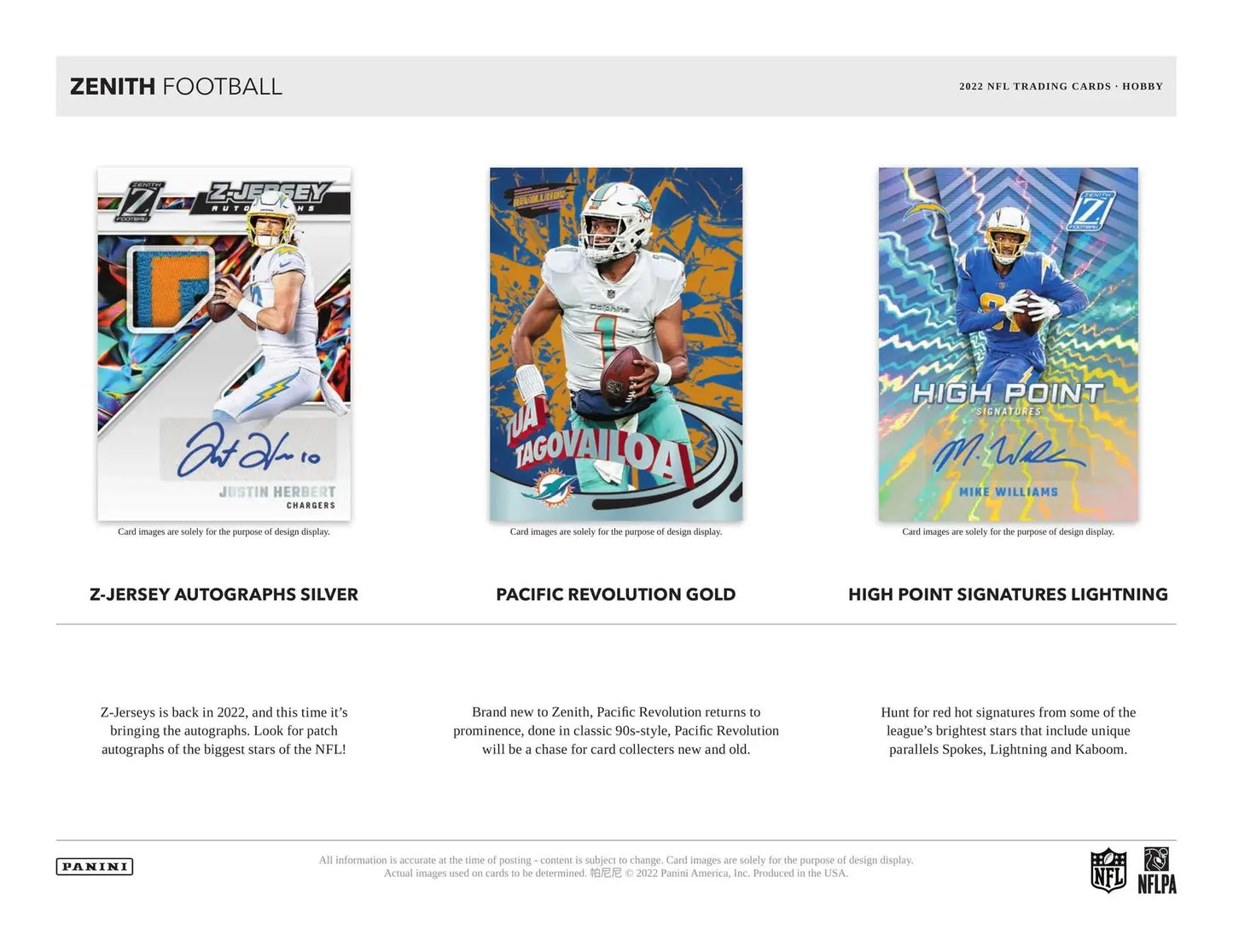 Product listing of 2022 Panini Zenith Football Hobby Box featuring three card designs