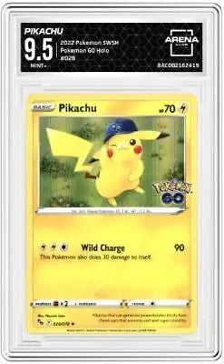 Graded TCG Pikachu card from 2022 Holo Arena Club, collectible Pokemon Go item