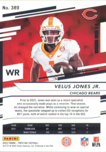 Velus Jones Jr. football card from 2022 Prestige Xtra Points Diamond NFL collection