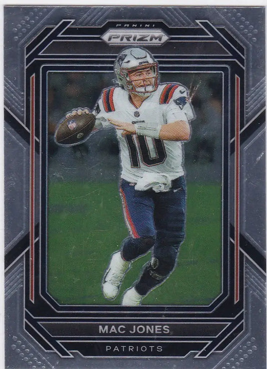 Football trading card of Mac Jones in a throwing stance for New England Patriots