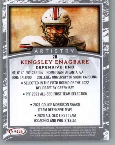 Kingsley Enagbare football card from 2022 Sage Artistry Black Border collection