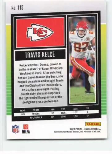 Travis Kelce football card 2022 Score #115 NM-MT with original gloss by Simply Sandoval