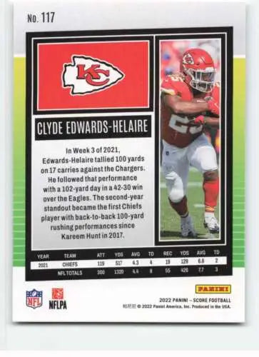 Clyde Edwards-Helaire NM-MT football card 2022 Score #117 original gloss Chiefs