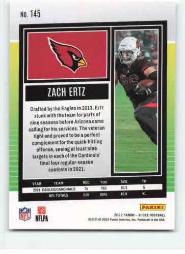 Zach Ertz 2022 Score #145 NM-MT Cardinals football card with original gloss finish