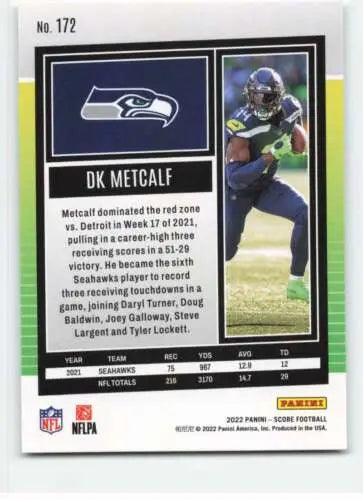 DK Metcalf 2022 Score #172 football card with original gloss, Seahwaks collectible