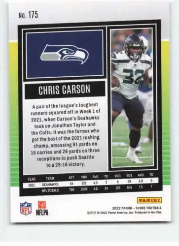 2022 Score #175 Chris Carson football card featuring original gloss from Simply Sandoval