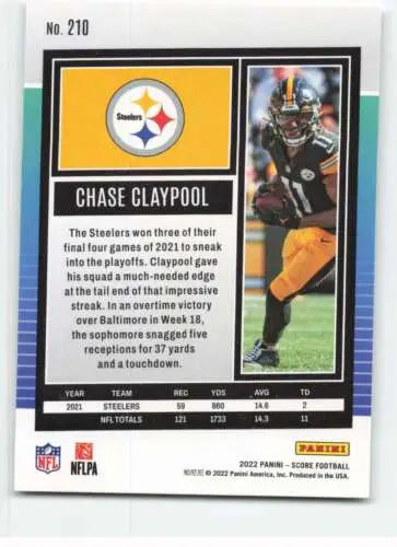 Chase Claypool football card 2022 Score #210 NM-MT Steelers original gloss quality