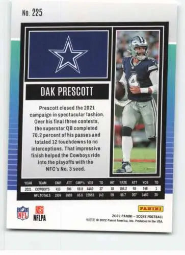 Dak Prescott football card 2022 Score #225 NM-MT original gloss by Simply Sandoval