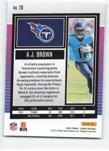 A.J. Brown football card from 2022 Score #28 featuring original gloss finish