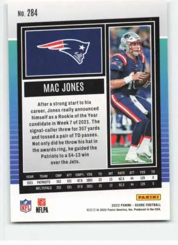 Mac Jones football card 2022 Score #284 NM-MT Patriots original gloss Simply Sandoval