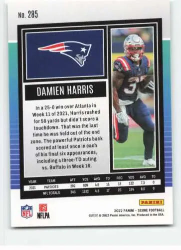 Damien Harris football card 2022 Score #285 original gloss Simply Sandoval collectible