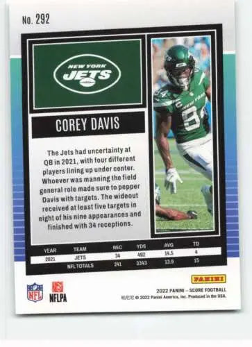 Corey Davis 2022 Score #292 football card with original gloss, NM-MT NY Jets