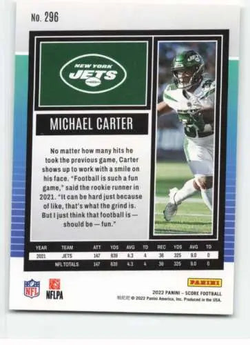 Michael Carter football card from 2022 Score #296 with original gloss by Simply Sandoval