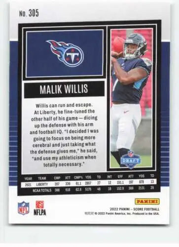 Malik Willis 2022 Score #305 NM-MT RC football card with original gloss by Simply Sandoval