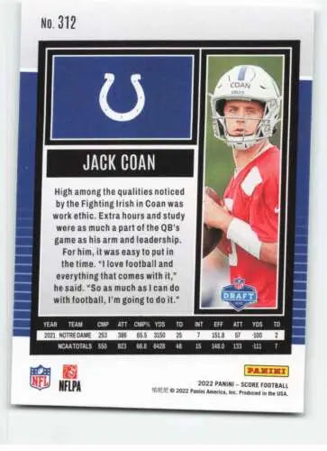 Jack Coan 2022 Score #312 NM-MT RC rookie football card with original gloss finish