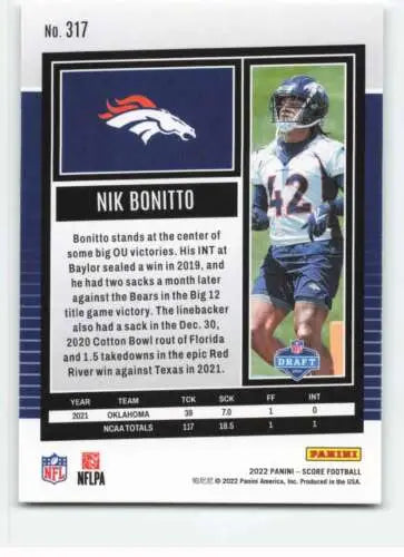 Nik Bonitto football card from 2022 Score #317 with original gloss features