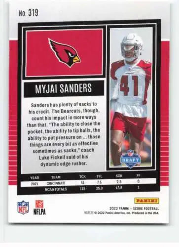 Myjai Sanders 2022 Score #319 NM-MT RC football card with original gloss, Cardinals