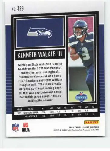 Kenneth Walker III football card in original gloss, 2022 Score NM RC rookie Seahawks