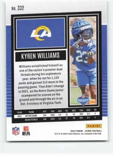 Kyren Williams football card featuring original gloss, 2022 Score #332 RC for LA Rams