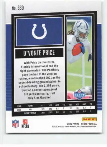 D’Vonte Price NM-MT football card featuring original gloss from 2022 Score #339 Colts