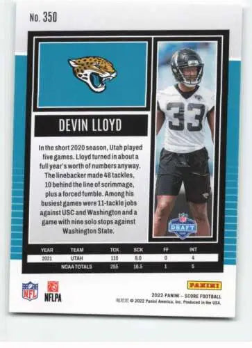 Devin Lloyd football card 2022 Score #350 NM-MT RC original gloss Simply Sandoval