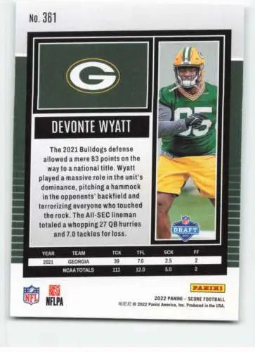 Devonte Wyatt football card 2022 Score #361 original gloss Rookie Packers Simply Sandoval