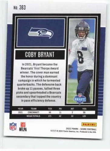 Coby Bryant 2022 Score rookie card with original gloss in NM-MT condition