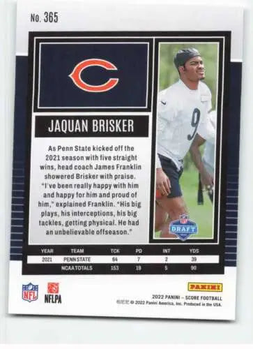 2022 Score #365 Jaquan Brisker NM-MT RC Football Card with original gloss finish