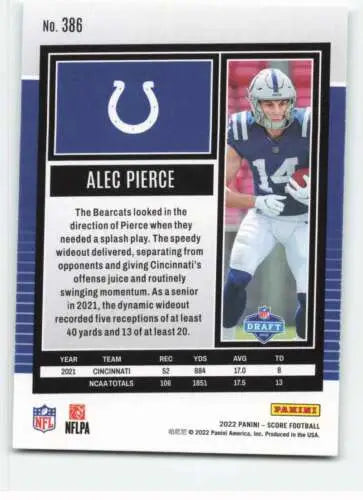 Alec Pierce football card featuring original gloss from 2022 Score #386 Rookie Colts