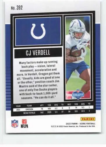 CJ Verdell football card featuring original gloss, NM-MT RC rookie for Colts collectors