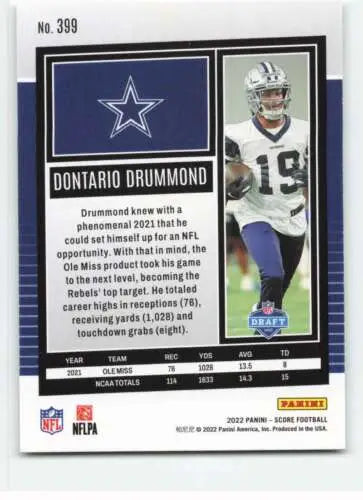 Dontario Drummond football card 2022 Score #399 NM-MT RC original gloss collectible