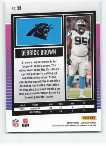 Original gloss 2022 Score football card of Derrick Brown for Panthers fans by Simply Sandoval