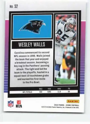 Wesley Walls football card 2022 Score #52 with original gloss, Panthers collectible